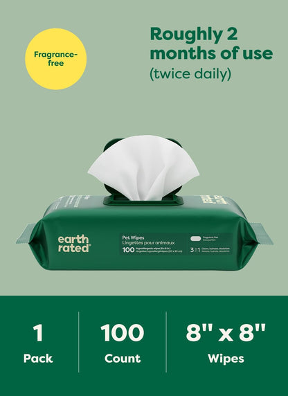 Pet Wipes for Dogs and Cats, Hypoallergenic, 3-In-1 Cleaning, Deodorizing and Hydrating, for Grooming Paws, Body and Butt, Unscented, 100 Count