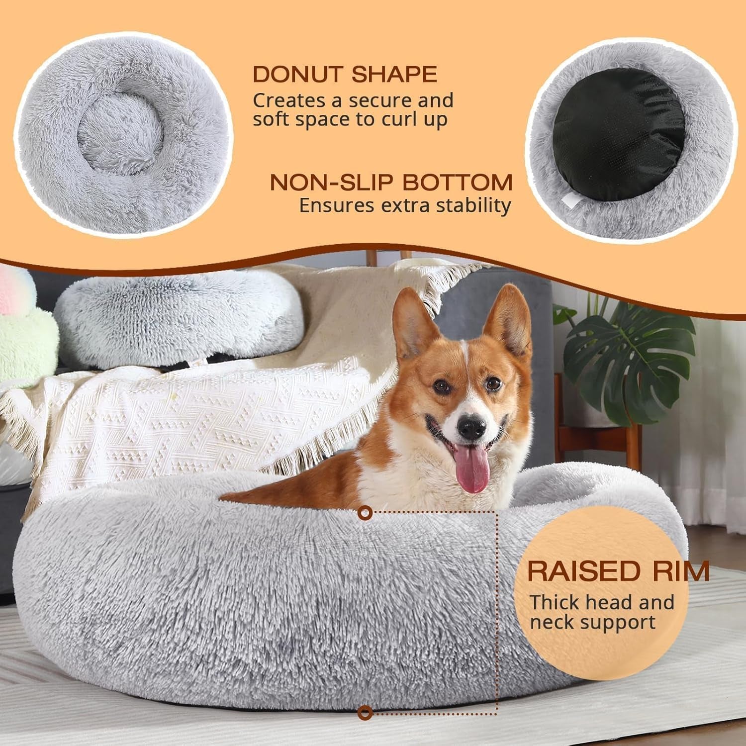 Small Dog Bed, Calming Soft Anti-Anxiety Donut Cat Bed, Washable round Fluffy Cushion for Small and Medium Pets (20")